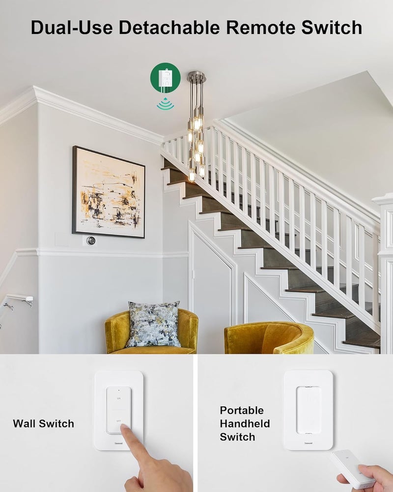 treewell Wireless Light Switch and Receiver Kit, 200FT RF Range Remote Control Light Switch, No Rewiring, No Interference, Wireless Wall Switch for Ceiling Light, Fans, Lamps, Pre-Programmed - Image 4